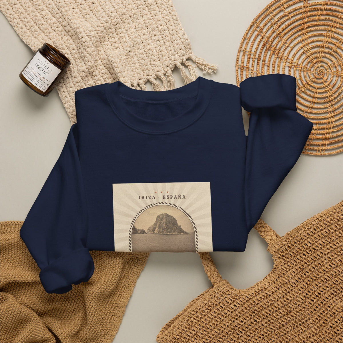 Es Vedrà Vintage Crewneck Sweatshirt — Ibiza Island Retro Travel Graphic
