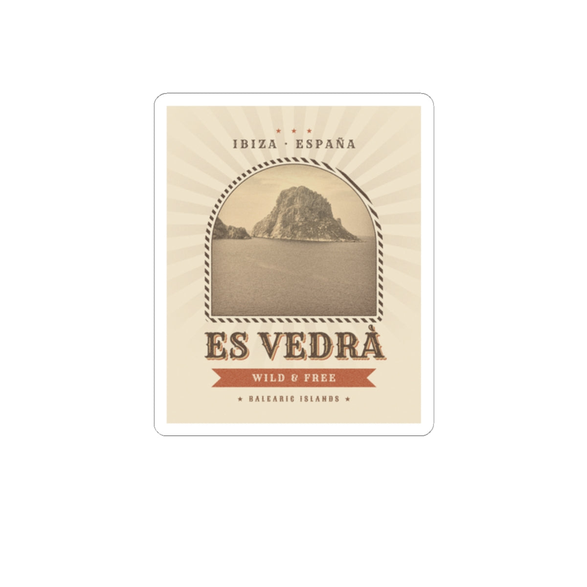Es Vedrà Vintage Travel Sticker — Ibiza España Kiss-Cut Decal