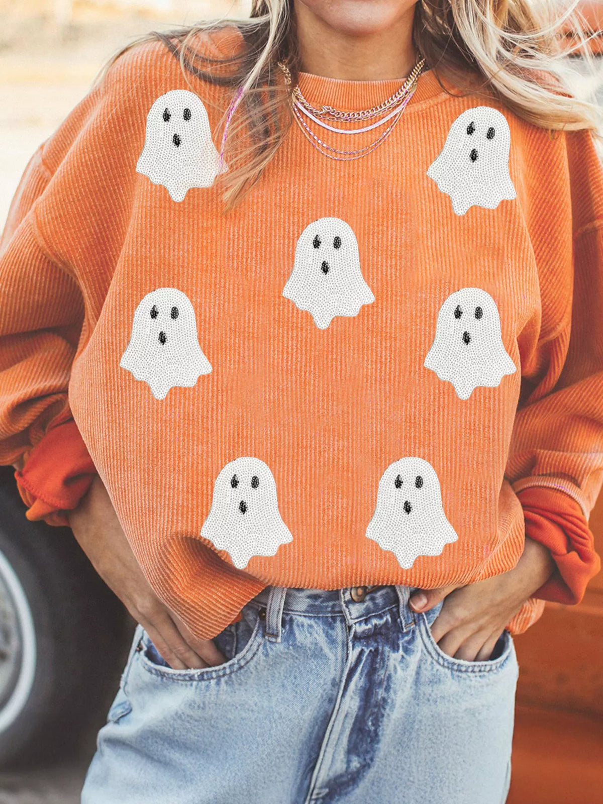 Halloween ghost sequin patch ribbed sweatshirt in tangerine – view 1