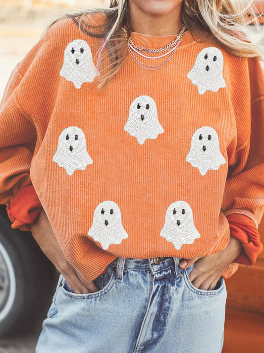 Halloween ghost sequin patch ribbed sweatshirt in tangerine – view 1