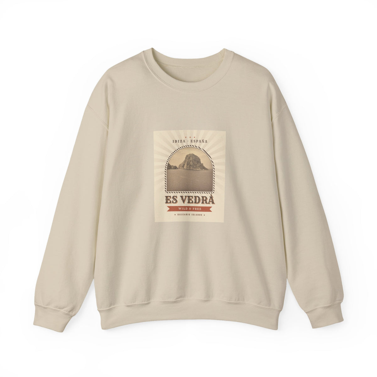 Es Vedrà Vintage Crewneck Sweatshirt — Ibiza Island Retro Travel Graphic