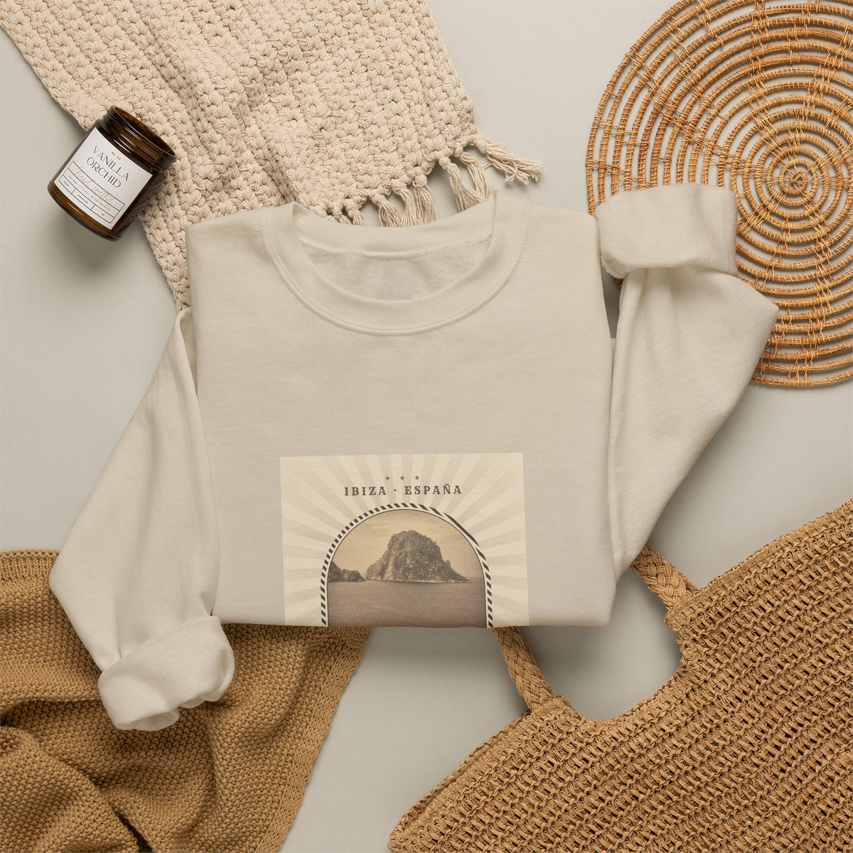 Es Vedrà Vintage Crewneck Sweatshirt — Ibiza Island Retro Travel Graphic