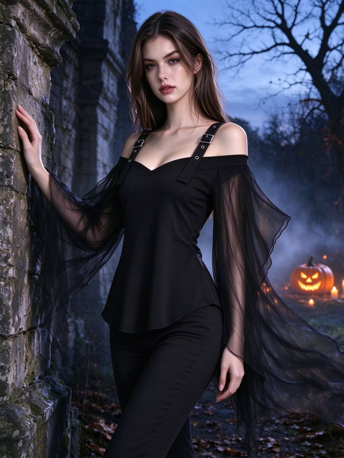 Halloween gothic buckle strap mesh sleeve top – view 1