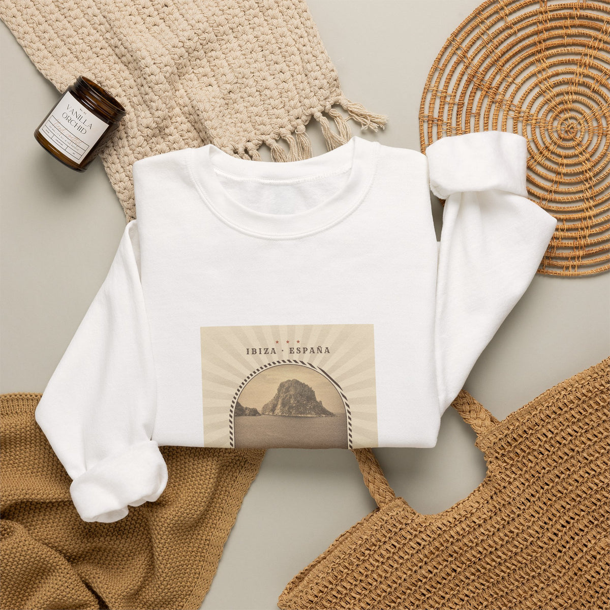 Es Vedrà Vintage Crewneck Sweatshirt — Ibiza Island Retro Travel Graphic