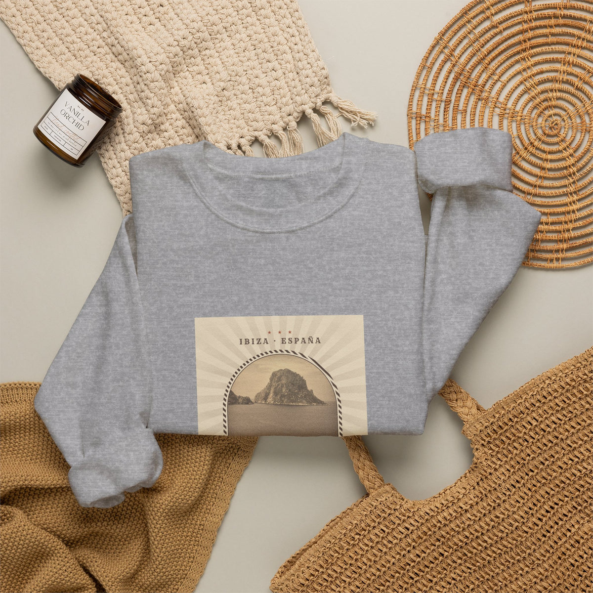 Es Vedrà Vintage Crewneck Sweatshirt — Ibiza Island Retro Travel Graphic