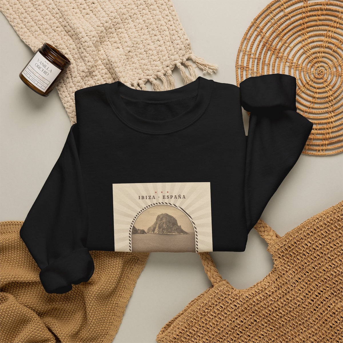 Es Vedrà Vintage Crewneck Sweatshirt — Ibiza Island Retro Travel Graphic