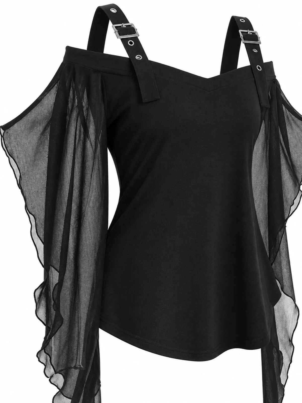 Halloween gothic buckle strap mesh sleeve top – view 7