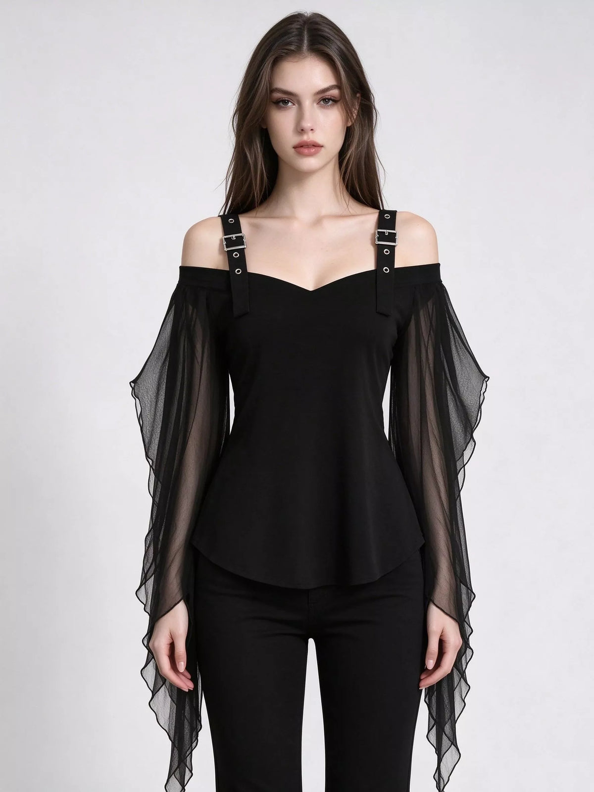 Halloween gothic buckle strap mesh sleeve top – view 2