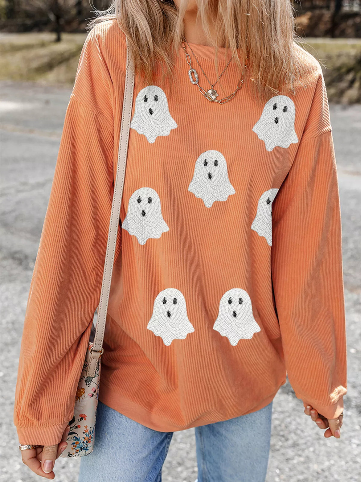 Halloween ghost sequin patch ribbed sweatshirt in tangerine – view 2